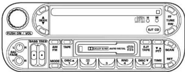 PUSH ON / VOL L BAL FADE F R BASS TREE AM FM TAPE MODE DISC▲ 1 2 3 RNO 4 DISC▼ 5 TIME SET FF TUNE RW EJT CD H M DOLY END AUTO METAL BOX EJT TAPE ▼▲ PTY SCAN SET