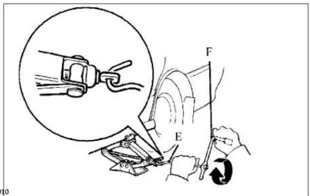 Diagram illustrating a mechanical device with labeled parts E and F, showing a magnified view of a clip being inserted into a bracket.