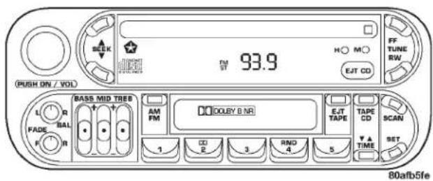 PUSH ON / VOL BASS MID TRES L R FADE BAL F TIME R AM FM DOLEY B NR 1 CD E 2 3 RNO 4 5 EJT TAPE TAPE CD ▼▲ TIME SCAN SET FF TUNE RW 93.9 80afb5fe