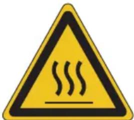 Yellow triangular warning sign with black smoke symbol indicating hot weather