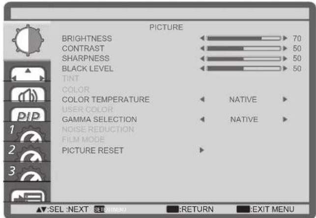 PICTURE BRIGHTNESS 70 CONTRAST 50 SHARPNESS 50 BLACK LEVEL 50 TINT COLOR COLOR TEMPERATURE NATIVE USER COLOR NATIVE GAMMA SELECTION NOISE REDUCTION FILM MODE PICTURE RESET ▲:SEL :NEXT SET#RIBID RETURN EXIT MENU