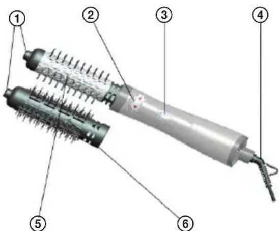 Labeled diagram of a hairdryer with numbered parts for identification