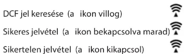 DCF jel keresése (a ikon villog) Sikeres jelvétel (a ikon bekapcsolva marad) Sikertelen jelvétel (a ikon kikapcsol)