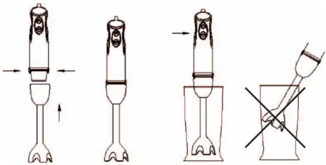 Technical diagram showing four stages of a mechanical device with directional arrows and a cross-sectional view.