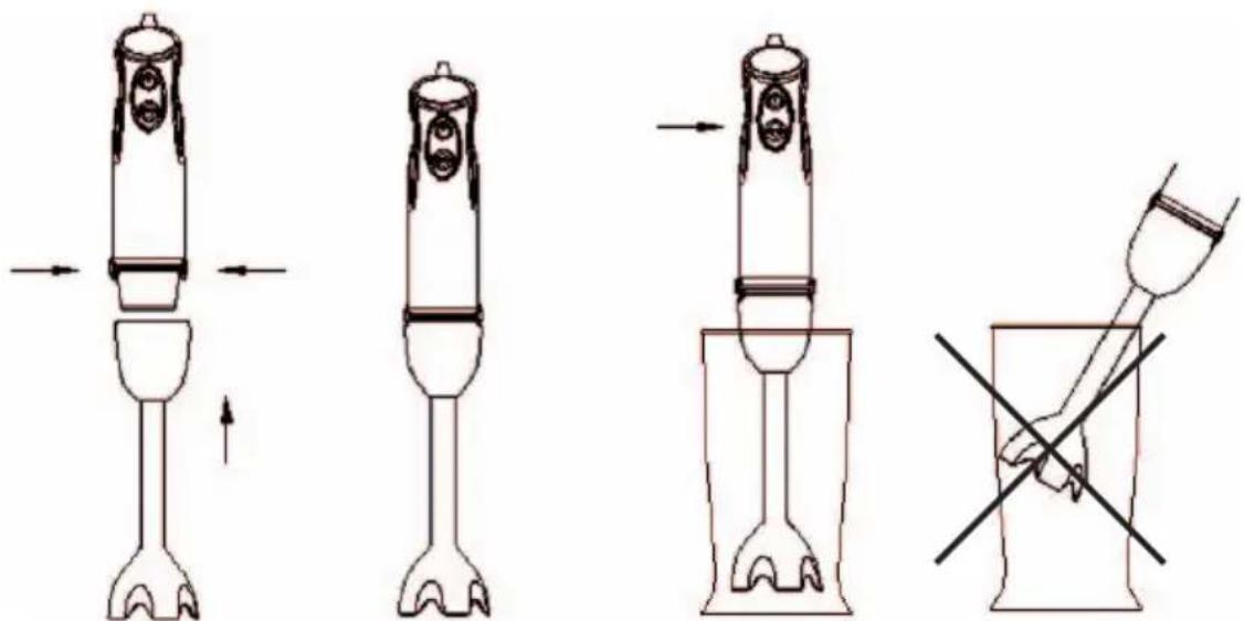 Technical diagram illustrating four stages of a mechanical device operation: press, press, press with tool, and disassembly.
