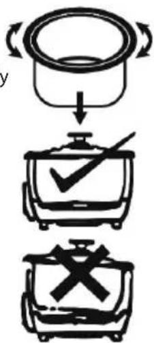 Diagram showing cooking process steps: pan, checkmark, and cross symbol with directional arrows