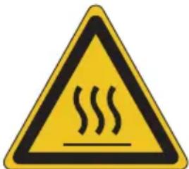 Yellow triangular warning sign with black smoke symbol indicating hot weather