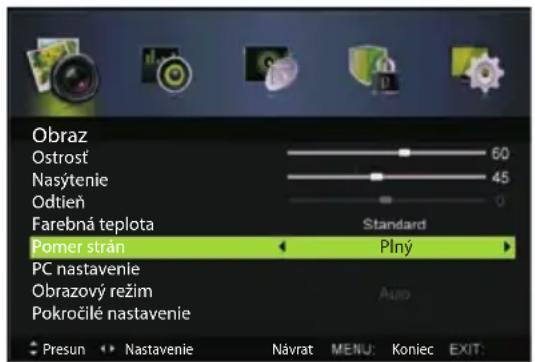 Obraz Ostroš Nasytenie Odtíen Farebná teplota Pomer strán PC nastavenie Obrazový režim Pokročilé nastavenie Standard Plný Presun Nastavenie Návrat MENU: Koniec EXIT: