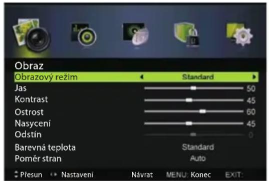 Obraz Obrazový režim Standard Jas 50 Kontrast 45 Ostrost 60 Nascení 45 Odstín 0 Barevná teplota Standard Poměr stran Auto Přesun Nastavení Návrat MENU: Konec EXIT: