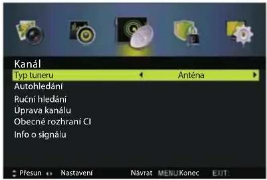 Kanál Typ tuneru Anténa Autohledání Ruční hledání Úprava kanálu Obecné rozhraní CI Info o signálu Přesun •• Nastavení Návrat MENU Konec EXIT: