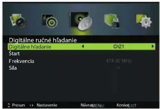 Digitálne ručné hľadanie Digitálne hľadanie Ch21 Štart Frekvencia 474.00 MHz Sila Presun Nastavenie Návrat MENU Koniec XIT