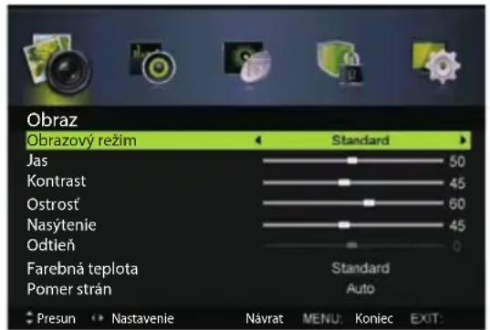 Obraz Obrazový režim Standard Jas 50 Kontrast 45 Ostroš 60 Nasytenie 45 Odtieň 0 Farebná teplota Standard Pomer strán Auto Presun Nastavenie Návrat MENU: Koniec EXIT: