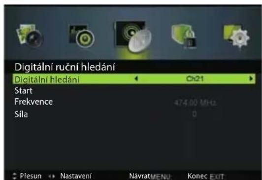 Digitální ruční hledání Digitální hledání Start Frekvence Síla 474.00 MHz 0 Přesun Nastavení NávratMENU Konec EXIT