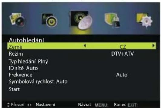 Autohledání Země CZ Režim DTV+ATV Typ hledání Plný ID sítě Auto Frekvence Auto Symbolová rychlost Auto Start Přesun Nastavení Návrat MENU: Konec EXIT: