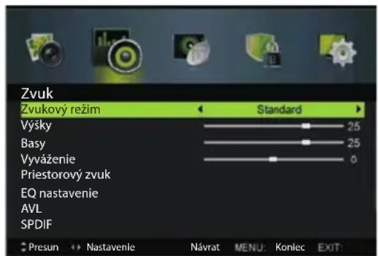 Zvuk Zvukový režim Standard Vyšky 25 Basy 25 Vyváženie 0 Priestorový zvuk EQ nastavenie AVL SPDIF Presun Nastavenie Návrat MENU: Konlec EXIT: