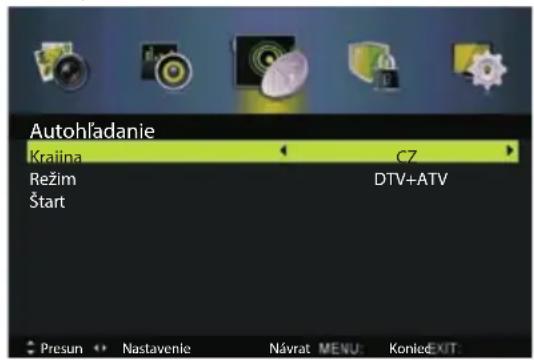 Autohl'adanie Kralina Režim Štart CZ DTV+ATV Presun Nastavenie Návrat MENU Konied EXIT