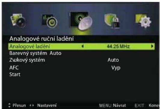 Analogové ruční ladění Analogové ladění 44.25 MHz Barevný systém Auto Zukový systém Auto AFC Vyp Start
