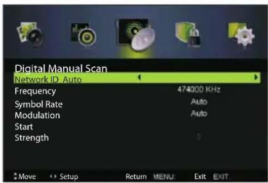 Digital Manual Scan Network ID: Auto Frequency 474000 KHz Symbol Rate Auto Modulation Auto Start Strength 0 Move Setup Return MENU: Exit EXIT