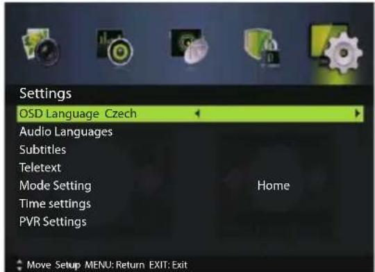 Settings OSD Language Czech Audio Languages Subtitles Teletext Mode Setting Time settings PVR Settings Home Move Setup MENU: Return EXIT: Exit