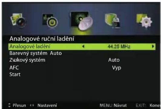 Analogové ruční ladění Analogové ladění ← 44.25 MHz Barevný systém Auto Zukový systém Auto AFC Vyp Start