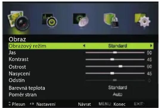 Obraz Obrazový režim Standard Jas 50 Kontrast 45 Ostrost 60 Nascení 45 Odstín 0 Barevná teplota Standard Pomér stran Auto Přesun Nastavení Návrat MENU: Konec EXIT: