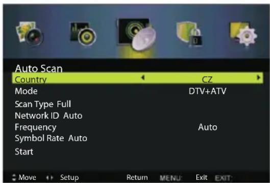 Auto Scan Country CZ Mode DTV+ATV Scan Type Full Network ID Auto Frequency Auto Symbol Rate Auto Start