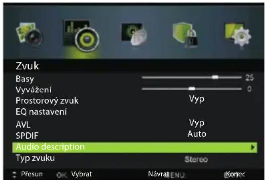 Zvuk Basy 25 Vyvážení 0 Prostorový zvuk Vyp EQ nastavení AVL Vyp SPDIF Auto Audio description Typ zvuku Stereo Přesun OK Vybrat Návrat ENU Korea