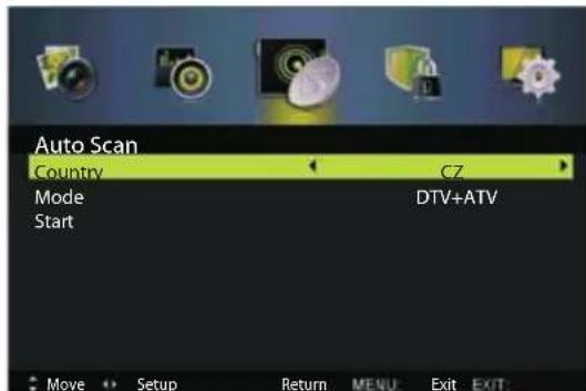 Auto Scan Country CZ Mode DTV+ATV Start