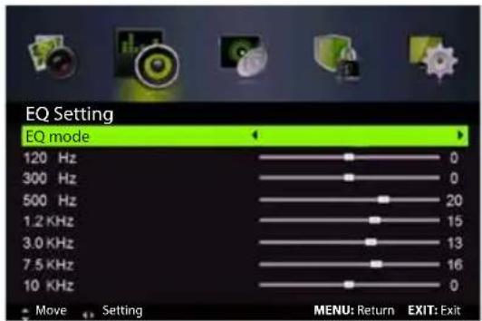 EQ Setting EQ mode 120 Hz 300 Hz 500 Hz 1.2 KHz 3.0 KHz 7.5 KHz 10 KHz Move Setting MENU: Return EXIT: Exit