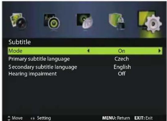 Subtitle Mode On Primary subtitle language Czech Secondary subtitle language English Hearing impairment Off Move Setting MENU: Return EXIT: Exit