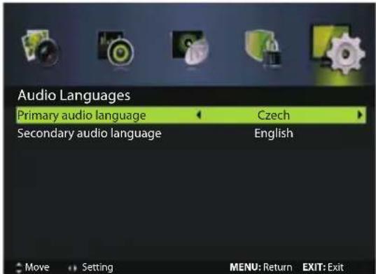 Audio Languages Primary audio language Czech Secondary audio language English Move Setting MENU: Return EXIT: Exit