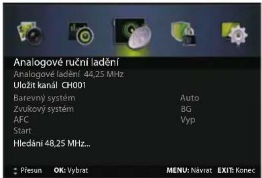 Analogové ruční ladění Analogové ladění 44,25 MHz Uložit kanál CH001 Barevný systém Auto Zvukový systém BG AFC Vyp Start Hledání 48,25 MHz... Přesun OK: Vybrat MENU: Návrat EXIT: Konec