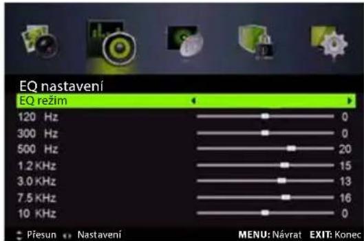 EQ nastavení EQ režim 120 Hz 300 Hz 500 Hz 1.2 KHz 3.0 KHz 7.5 KHz 10 KHz Přesun Nastavení MENU: Návrat EXIT: Konec