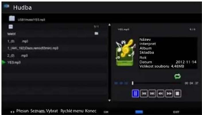 Hudba USB!music?YES.mp3 select 1_(0) .mp3 1_(4K_192;Disco.remov(53min).mp3) 2_(0) .mp3 YES.mp3 Název Interpret Album Skladba Rok Datum 2012-11-14 Velikost souboru 4.48MB 00 04 37 Přesun Seznam Vybrat Rychlé menu Konec OK EXIT