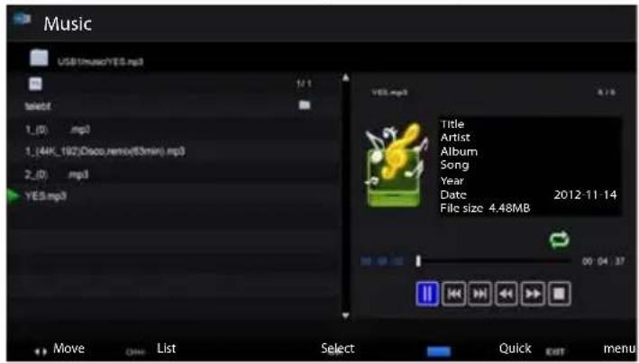 Music USB1music/YES.mp3 select 1_(0) mb3 1_(4K_192)Disco.remo(83min).mp3 2_(0) mb3 YES.mp3 YES.mp3 Title Artist Album Song Year Date 2012-11-14 File size 4.48MB 00 04 37 Move List Select Quick Exit menu