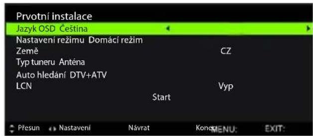 Privotní instalace Jazyk OSD Čeština Nastavení režimu Domácí režim Země CZ Typ tuneru Anténa Auto hledání DTV+ATV LCN Vyp Start Přesun Nastavení Návrat Koneg MENU: EXIT: