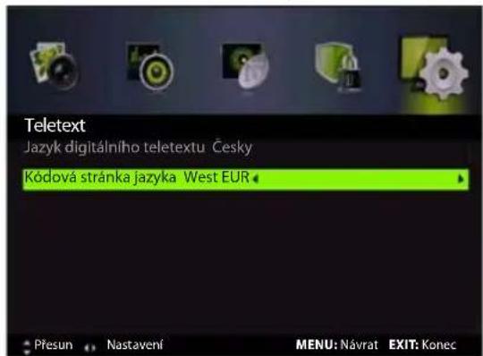 Teletext Jazyk digitálního teletextu Česky Kódová stránka jazyka West EUR Přesun Nastavení MENU: Návrat EXIT: Konec