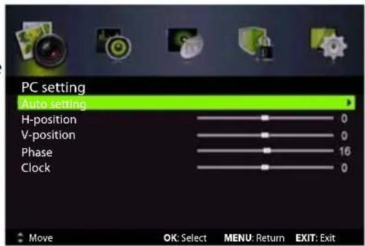 PC setting Auto setting H-position 0 V-position 0 Phase 16 Clock 0 Move OK: Select MENU: Return EXIT: Exit
