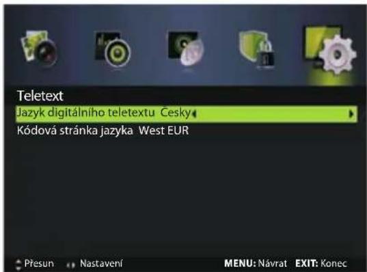 Teletext Jazyk digitálního teletextu Cesky Kódová stránka jazyka West EUR Přesun Nastavení MENU: Návrat EXIT: Konec
