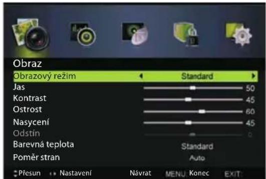 Obraz Obrazový režim Standard Jas 50 Kontrast 45 Ostrost 60 Nasycení 45 Odstín 0 Barevná teplota Standard Poměr stran Auto Přesun Nastavení Návrat MENU: Konec EXIT: