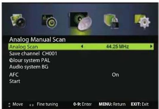 Analog Manual Scan Analog Scan 44.25 MHz Save channel CH001 Glour system PAL Audio system BG AFC On Start Move Fine tuning 0-9: Enter MENU: Return EXIT: Exit