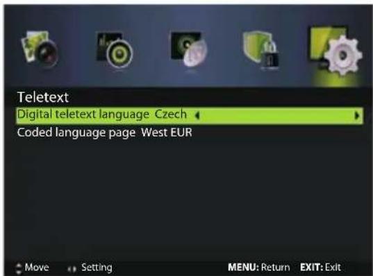 Teletext Digital teletext language Czech Coded language page West EUR