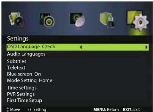 Settings OSD Language Czech Audio Languages Subtitles Teletext Blue screen On Mode Setting Home Time settings PVR Settings First Time Setup Move Setting MENU: Return EXIT: Exit