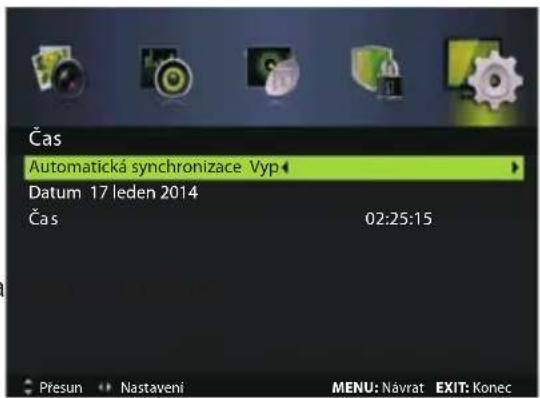 Čas Automatická synchronizace Vyp Datum 17 leden 2014 Čas 02:25:15 Přesun Nastavení MENU: Návrat EXIT: Konec