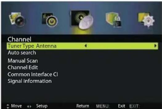 Channel Tuner Type Antenna Auto search Manual Scan Channel Edit Common Interface CI Signal information Move Setup Return MENU: Exit EXIT: