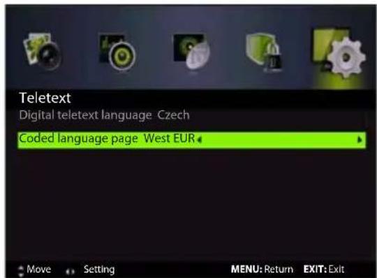Teletext Digital teletext language Czech Coded language page West EUR Move Setting MENU: Return EXIT: Exit