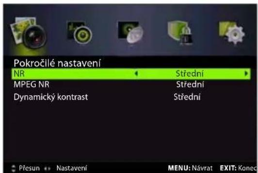 Pokročilé nastavení NR Střední MPEG NR Střední Dynamický kontrast Střední Přesun Nastavení MENU: Návrat EXIT: Konec