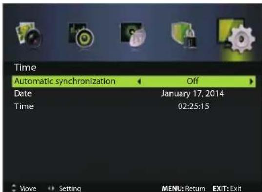 Time Automatic synchronization Off Date January 17, 2014 Time 02:25:15 Move Setting MENU: Return EXIT: Exit