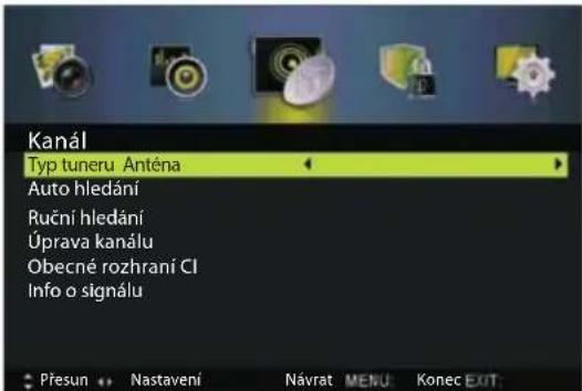 Kanál Typ tuneru Anténa Auto hledání Ruční hledání Úprava kanálu Obecné rozhraní CI Info o signálu Přesun •• Nastavení Návrat MENU: Konec EXIT: