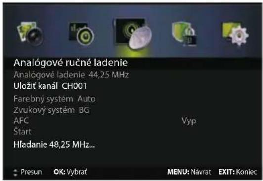 Analogové ručné ladenie Analogové ladenie 44,25 MHz Uložit kanál CH001 Farebný systém Auto Zvukový systém BG AFC Štart Hladanie 48,25 MHz... Vyp Presun OK: Vybrat MENU: Návrat EXIT: Koniec